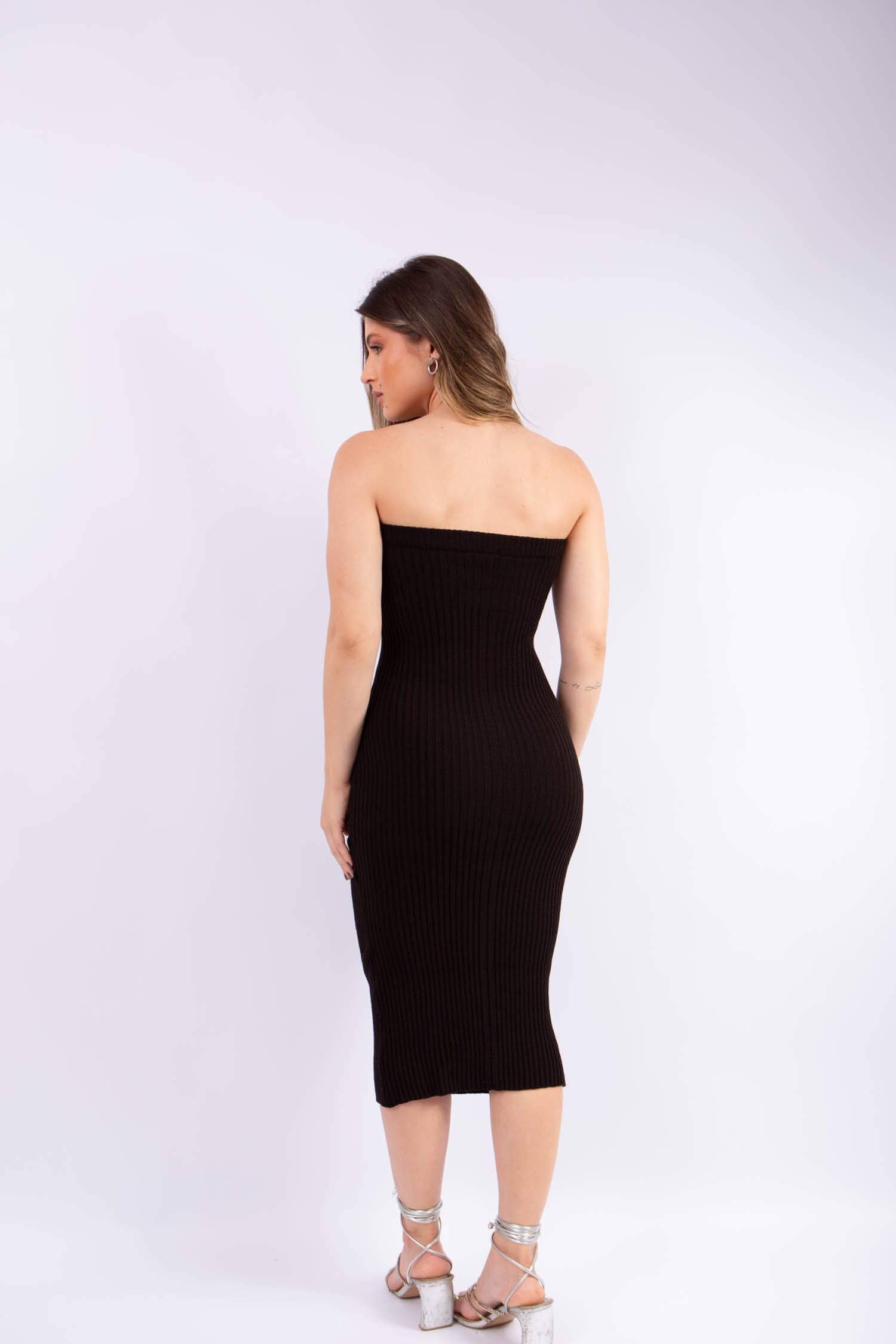 Vestido Tricô Midi Canelado Tomara que Caia Modal